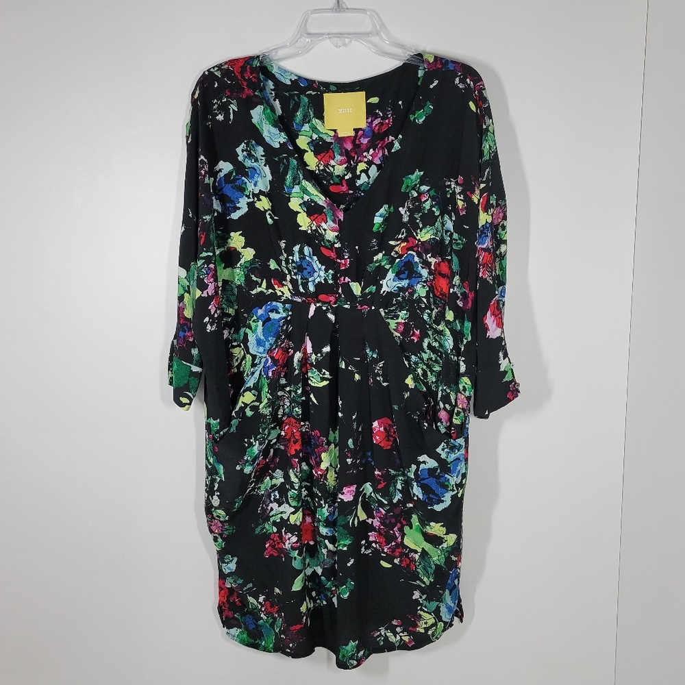 Anthropologie Maeve Black Green Floral Dress 1/2 Sleeve Oversize Dress Pocket XS